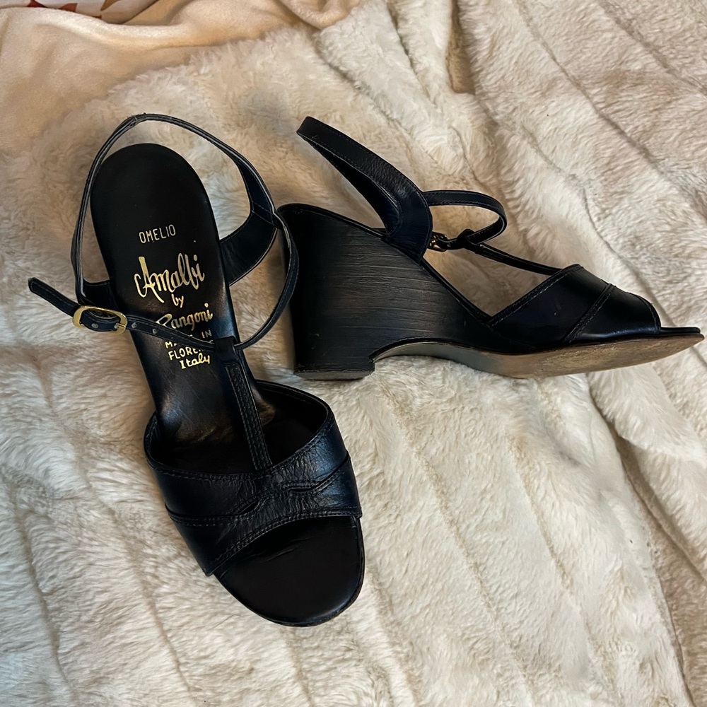 Vintage Amalfi Womens 5.5M Omelio Wooden Black Leather Strap Wedge Spring Shoes